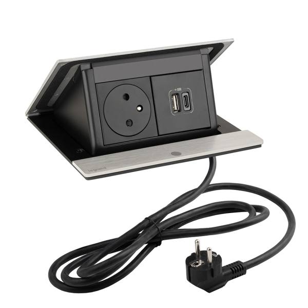 LEGRAND PopUp, 1x 230V, 1x USB A/C nabíječka, broušený hliník