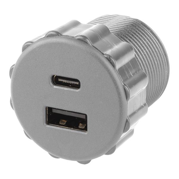 StrongPower USB A/C nabíječka, 2 x nabíjecí výstupy, průměr 35 mm, stříbrná