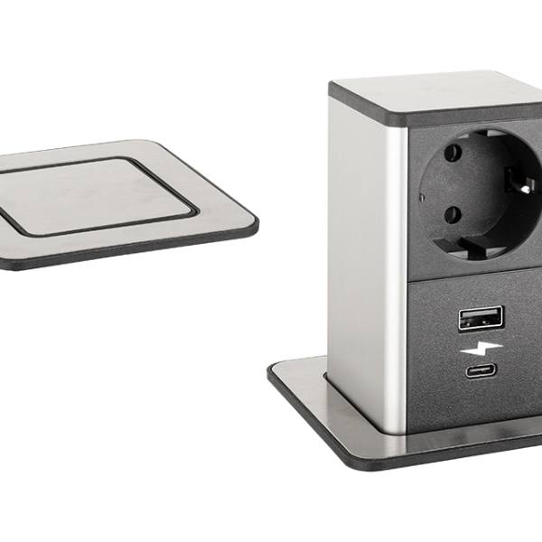 StrongPower PowerUp zásuvka, 1x230V, USB A/C nabíjecí, Nerez, Schuko