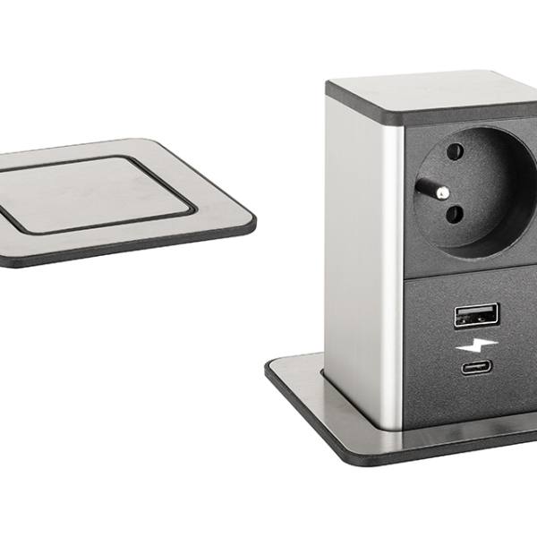 StrongPower PowerUp zásuvka, 1x230V, USB A/C nabíjecí, Nerez, Fr