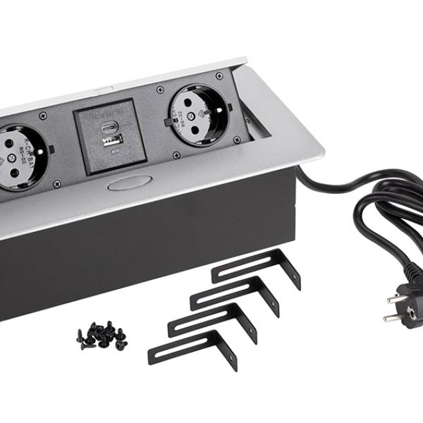 StrongPower Elektrická zásuvka 2x 230V, 2x USB A/C, Schuko, stříbrná