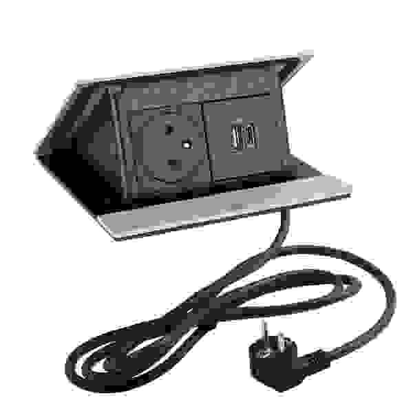 LEGRAND PopUp, 1x 230V, 1x USB A/C nabíječka, broušený hliník