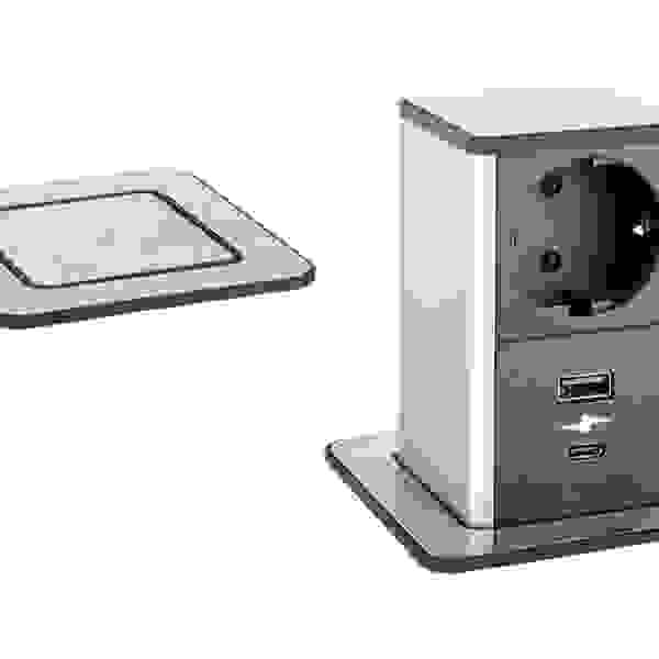 StrongPower PowerUp zásuvka, 1x230V, USB A/C nabíjecí, Nerez, Schuko