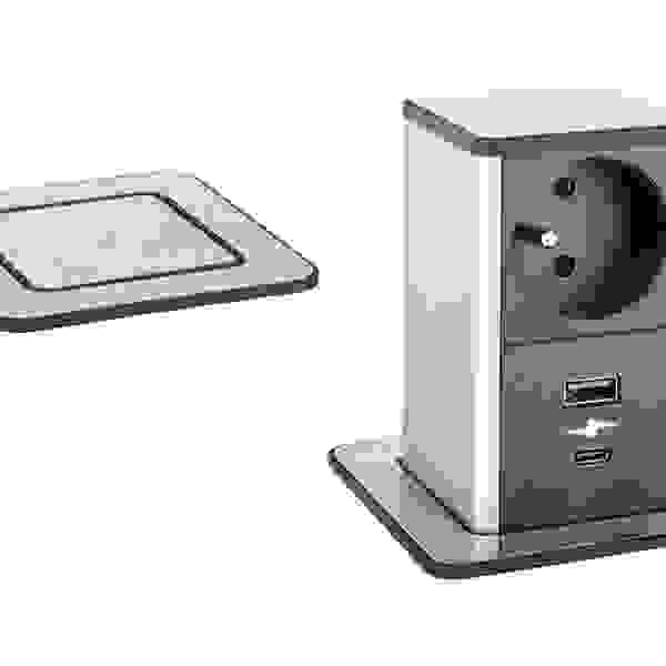 StrongPower PowerUp zásuvka, 1x230V, USB A/C nabíjecí, Nerez, Fr