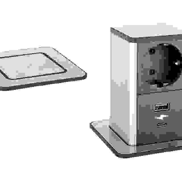StrongPower PowerUp zásuvka, 1x230V, USB A/C nabíjecí, Nerez, Schuko